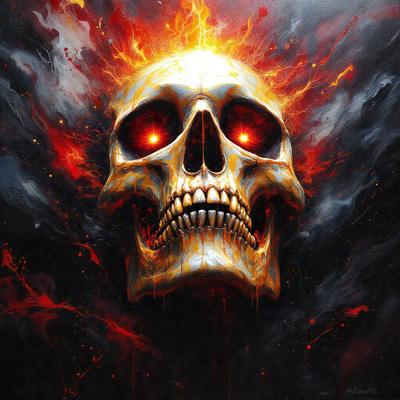 The primary subject of the image is a skull with glowing red eyes. The skull is prominently displayed in the foreground, with a dark background. The visual style of the image is a digital art or illustration, featuring a detailed and vivid representation of the skull. The colors and mood of the image are intense and dramatic, with the red eyes and the dark background creating a striking and eerie atmosphere.